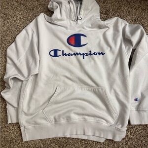 Champion Classic White Hoodie with Blue and Red Logo